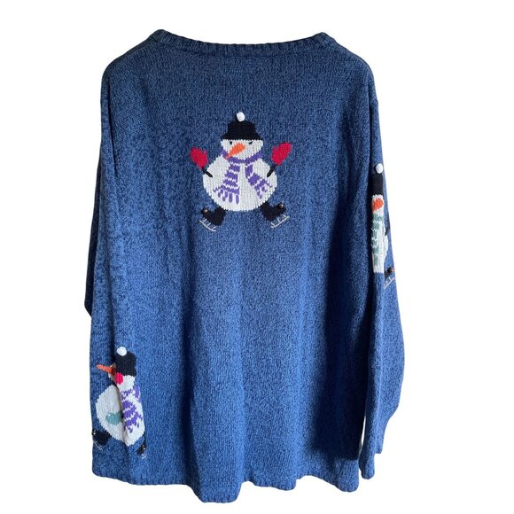 The Quacker Factory Snowman Jingle Bell Cardigan Sweater Blue Size 1X Ramie Cott - Picture 2 of 12